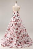 Strapless White Red Floral Corset Sequin A Line Prom Dress