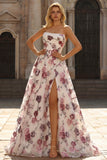 Strapless Corset A Line White Red Floral Sequin Prom Dress