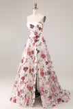 Strapless White Red Floral Corset Sequin A Line Prom Dress