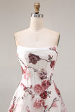 Strapless White Red Floral Corset Sequin A Line Prom Dress