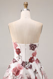 Strapless White Red Floral Corset Sequin A Line Prom Dress