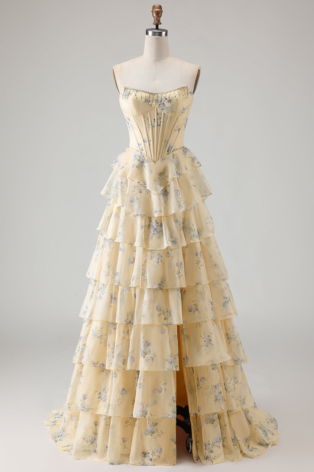 gold patterned strapless dress with white lining Strapless Long Floral-Print Prom Dress with Ruffles Yellow Print / 2