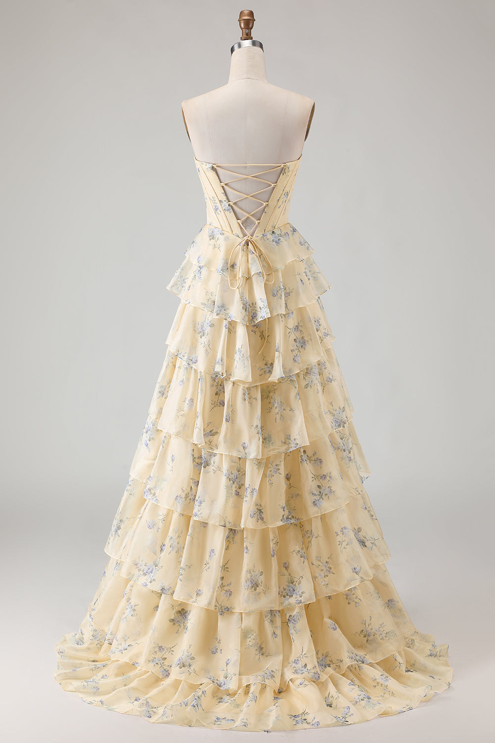 Berylove Women Floral Yellow Strapless Prom Dress With Slit A-Line Tiered Corset Maxi Party Dress With Lace Up Back Berylove Women Floral Yellow Strapless Prom Dress With Slit A-Line Tiered Corset Maxi Party Dress With Lace Up Back