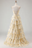 Floral Strapless Yellow A-Line Tiered Corset Prom Dress With Slit