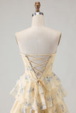 Floral Strapless Yellow A-Line Tiered Corset Prom Dress With Slit