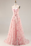 Pink Red Floral Strapless Corset A Line Prom Dress