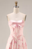 Pink Red Floral Strapless Corset A Line Prom Dress