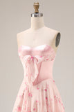 Pink Red Floral Strapless Corset A Line Prom Dress