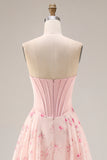 Pink Red Floral Strapless Corset A Line Prom Dress