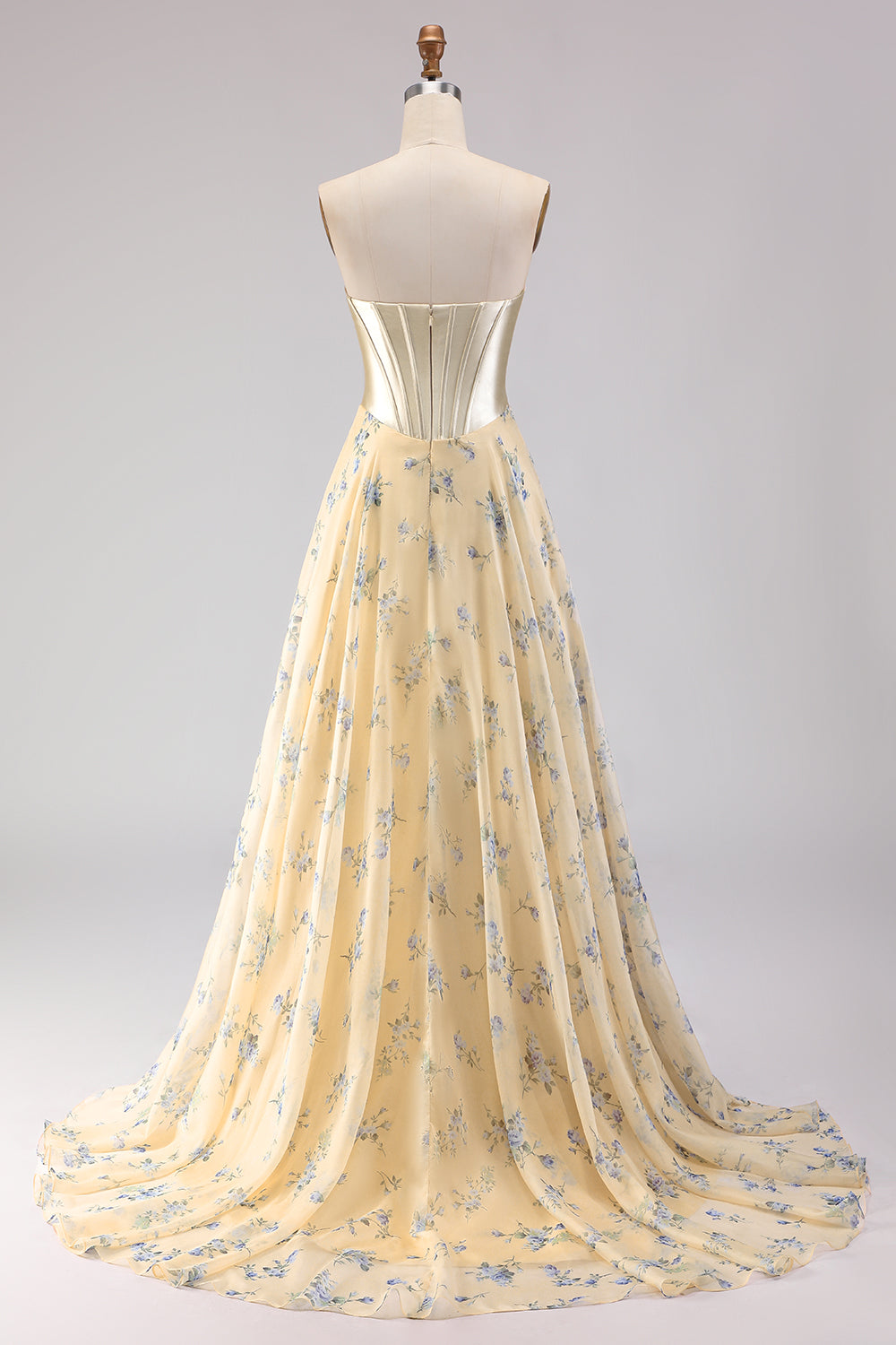 Berylove Women Yellow Blue Floral Prom Dress Strapless Corset A Line Maxi Party Dress with Bow, Yellow Blue Flower / US16 Berylove Women Yellow Blue Floral Prom Dress Strapless Corset A Line Maxi Party Dress with Bow, Yellow Blue Flower / US16