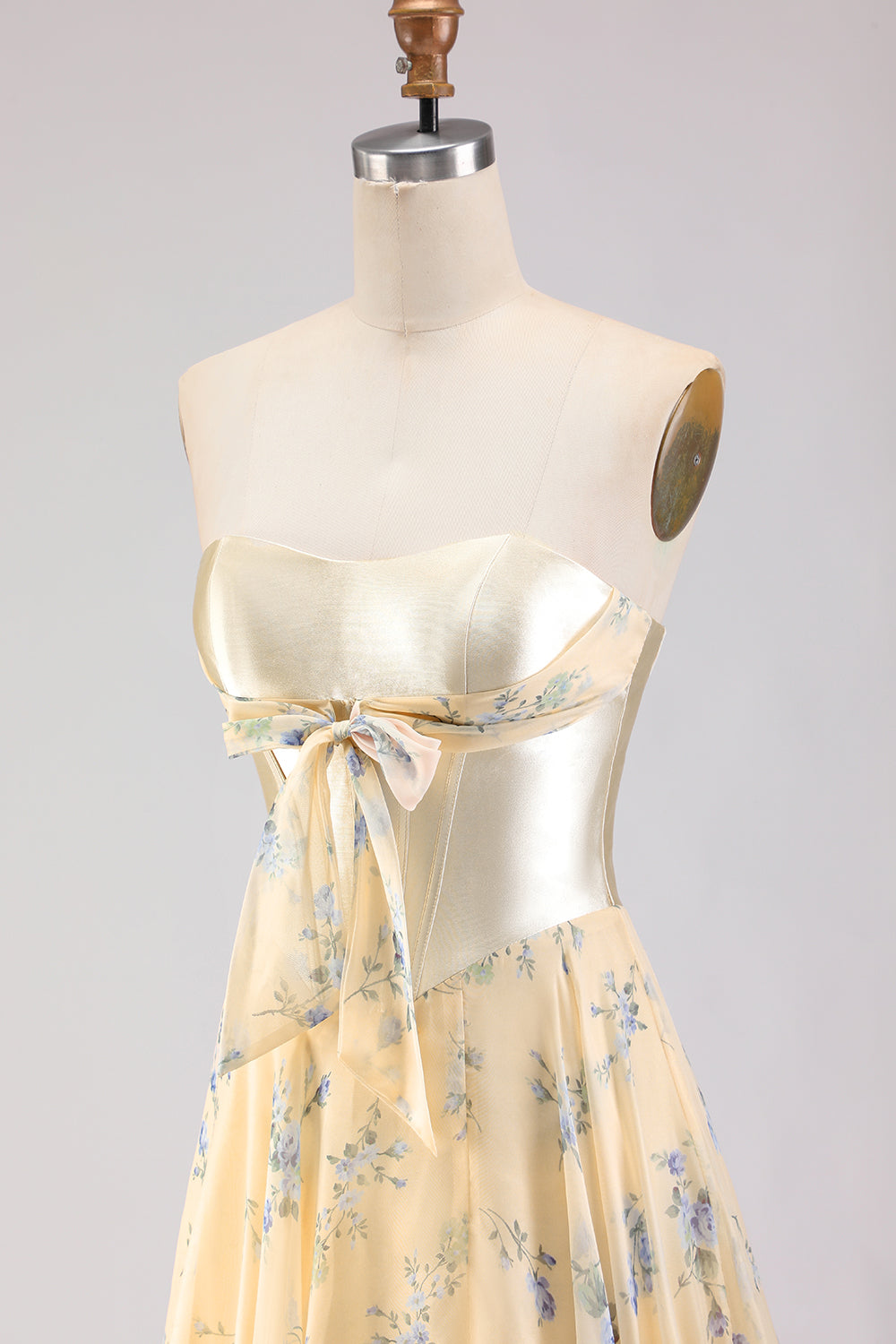 Berylove Women Yellow Blue Floral Prom Dress Strapless Corset A Line Maxi Party Dress with Bow Berylove Women Yellow Blue Floral Prom Dress Strapless Corset A Line Maxi Party Dress with Bow
