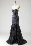 Strapless Black White Dot Corset Tiered Mermaid Prom Dress With Slit