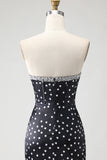 Strapless Black White Dot Corset Tiered Mermaid Prom Dress With Slit