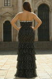 Strapless Black White Polka Dot Corset Tiered Plus Size Prom Dress