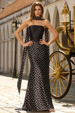 Elegant White Black Polka Dot Strapless Mermaid Prom Dress