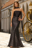 Elegant White Black Polka Dot Strapless Mermaid Prom Dress