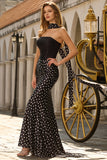 Elegant White Black Polka Dot Strapless Mermaid Prom Dress