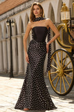 Elegant White Black Polka Dot Strapless Mermaid Prom Dress
