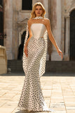 Elegant White Black Polka Dot Strapless Mermaid Prom Dress
