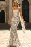 Elegant White Black Polka Dot Strapless Mermaid Prom Dress