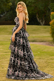 Sparkly Tiered Black Pink Floral Strapless Corset Prom Dress