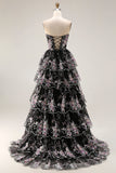 Sparkly Tiered Black Pink Floral Strapless Appliqued Prom Dress
