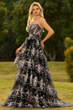 Sparkly Tiered Black Pink Floral Strapless Corset Prom Dress