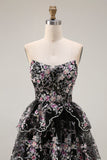 Sparkly Tiered Black Pink Floral Strapless Appliqued Prom Dress