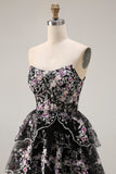 Sparkly Tiered Black Pink Floral Strapless Appliqued Prom Dress