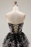 Sparkly Tiered Black Pink Floral Strapless Appliqued Prom Dress