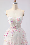 Sparkly Tiered Black Pink Floral Strapless Appliqued Prom Dress
