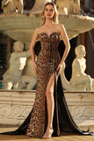 Brown Leopard Sweetheart Sequin Mermaid Prom Dress With Slit