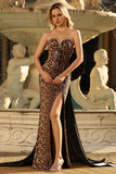 Brown Leopard Sweetheart Sequin Mermaid Prom Dress With Slit