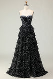 Black White Dot Corset Sweetheart Tiered Prom Dress With Slit