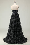 Black White Dot Corset Sweetheart Tiered Prom Dress With Slit