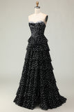 Black White Dot Corset Sweetheart Tiered Prom Dress With Slit