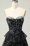 Black White Dot Corset Sweetheart Tiered Prom Dress With Slit