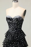 Black White Dot Corset Sweetheart Tiered Prom Dress With Slit