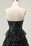 Black White Dot Corset Sweetheart Tiered Prom Dress With Slit