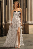 Black White Dot Corset Sweetheart Tiered Prom Dress With Slit