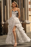 Black White Dot Corset Sweetheart Tiered Prom Dress With Slit