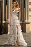 Black White Dot Corset Sweetheart Tiered Prom Dress With Slit