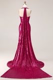 Sparkly Fuchsia Halter Ruched Mermaid Prom Dress