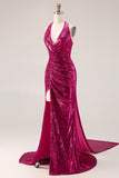 Sparkly Fuchsia Halter Ruched Mermaid Prom Dress