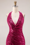 Sparkly Fuchsia Halter Ruched Mermaid Prom Dress