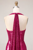 Sparkly Fuchsia Halter Ruched Mermaid Prom Dress