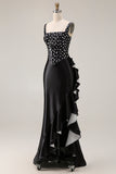 Black White Polka Dot Mermaid Corset Ruffled Prom Dress