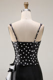 Black White Polka Dot Mermaid Corset Ruffled Prom Dress
