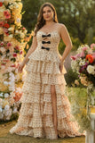 Apricot Black Polka Dot Plus Size Tiered Cut Out Prom Dress