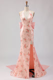 Sparkly Blush Floral Halter Mermaid Cut Out Prom Dress